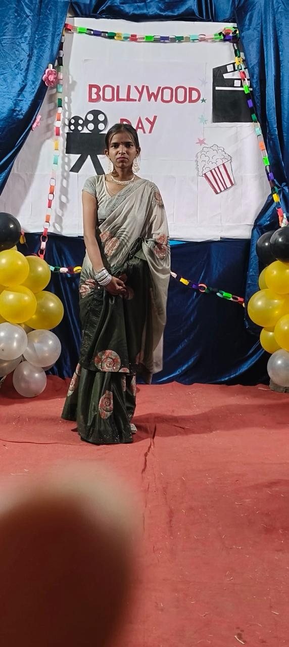Participant in a printed saree at Bollywood Day